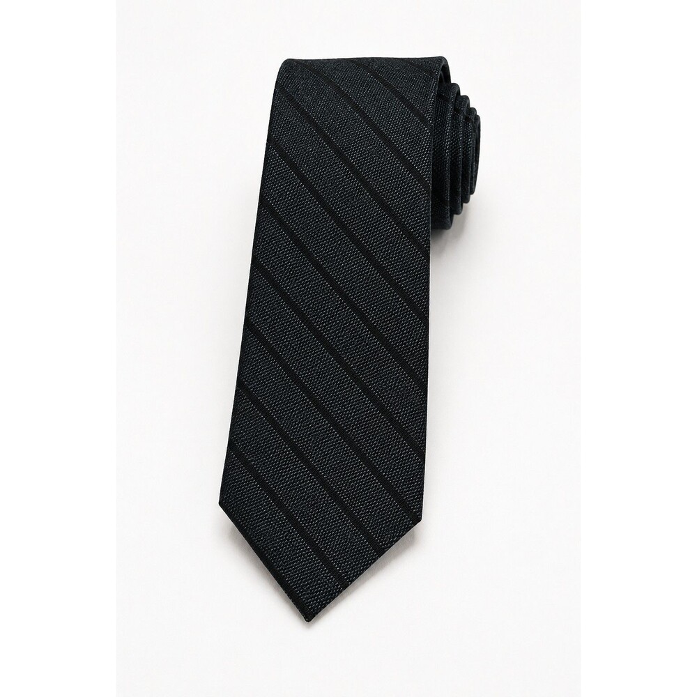 Vtg Black Skinny Necktie Diagonal Stripe Satin Narrow Retro Tie Mens 55" x 1.5"